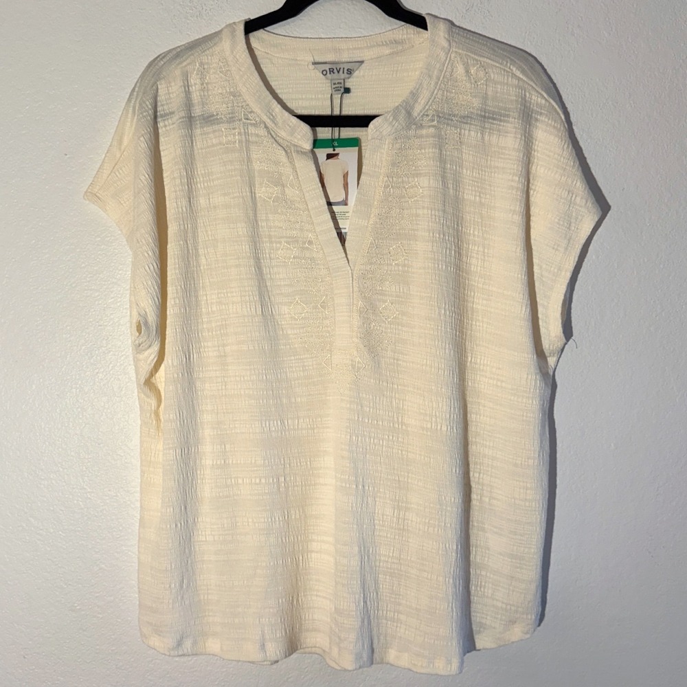 Orvis Womens XL Cream Embroidered Split Neck Textured Slub Knit Top  NWT